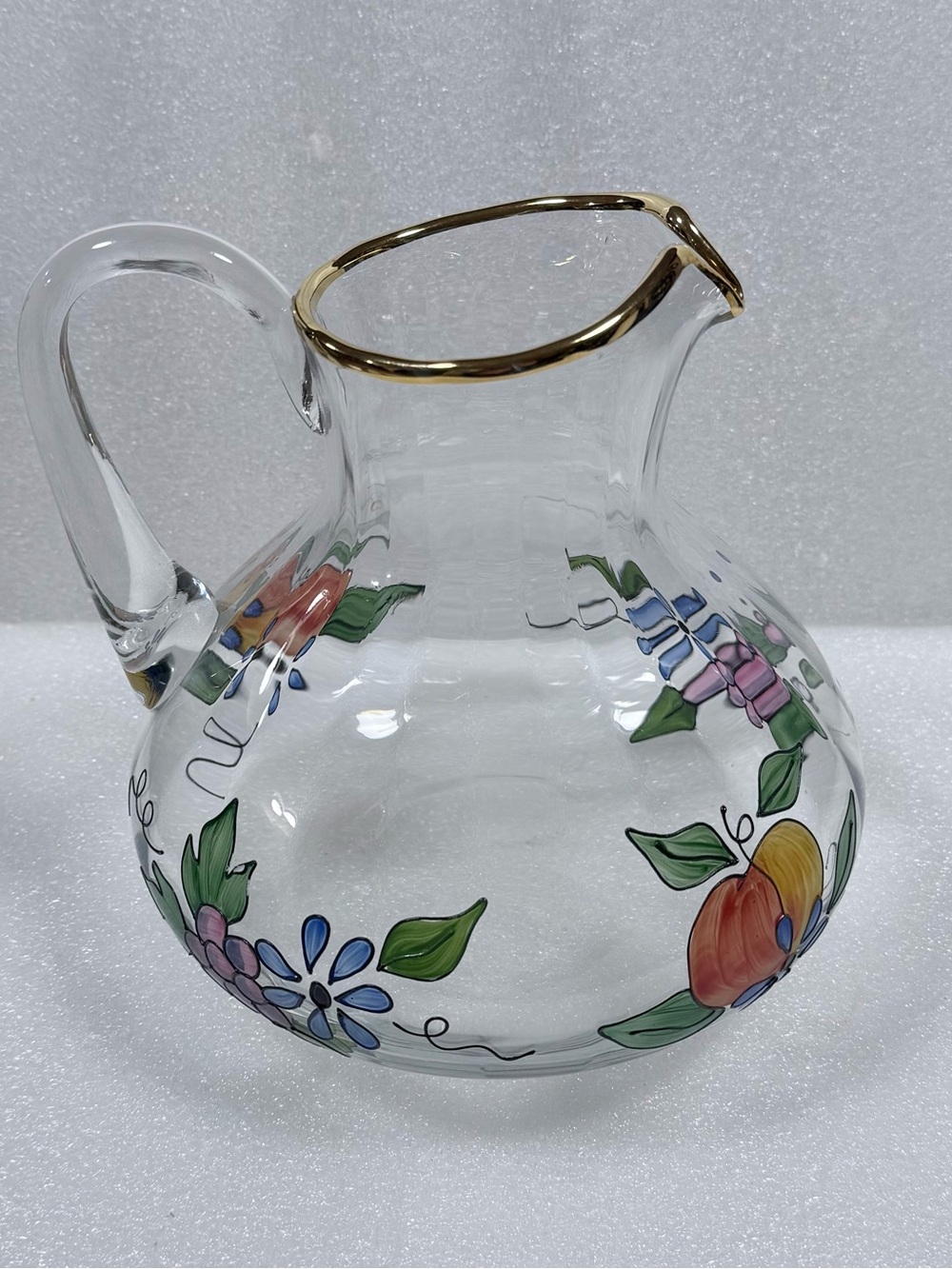 Vintage Romanian Crystal Clear Pitcher Venetian Fruit Hand Painted 22K Gold Trim